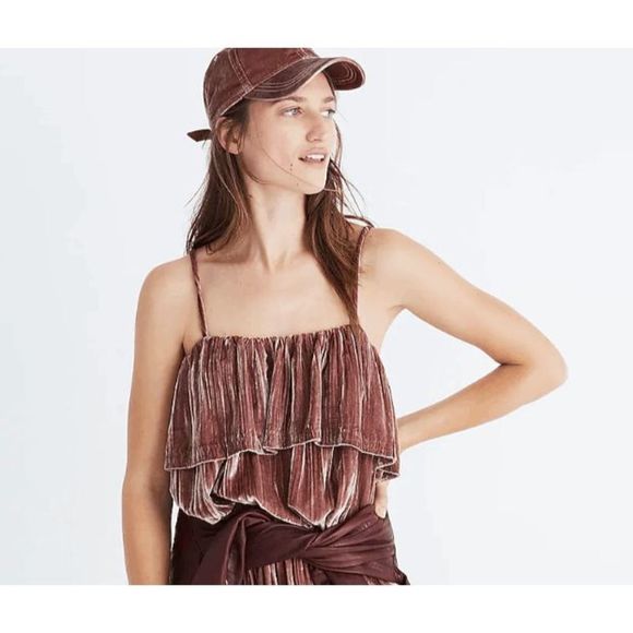 Madewell Crushed Velvet Ruffle Cami Top, Mauve Pink Blouse Size Small, MSRP $88 - Picture 1 of 10